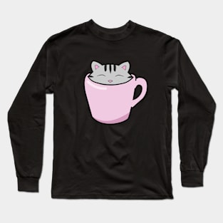 Cute cat sitting in a pink cup Long Sleeve T-Shirt